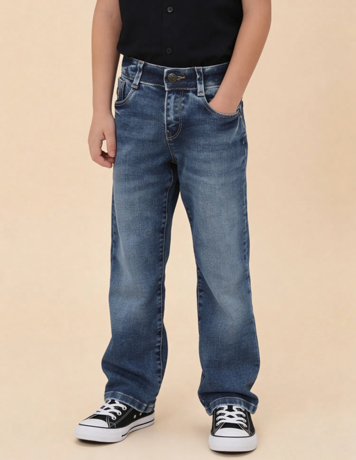 Boys Light Blue Cotton Blend Whiskered Bootcut Jeans