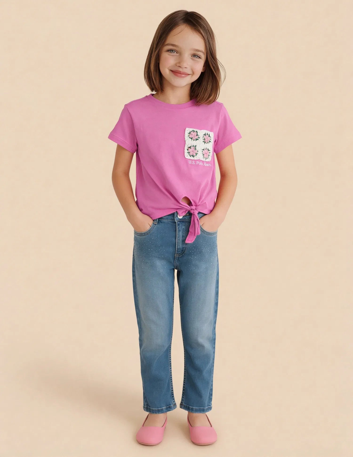 Girls Pink Cotton Floral Crochet Knotted Top