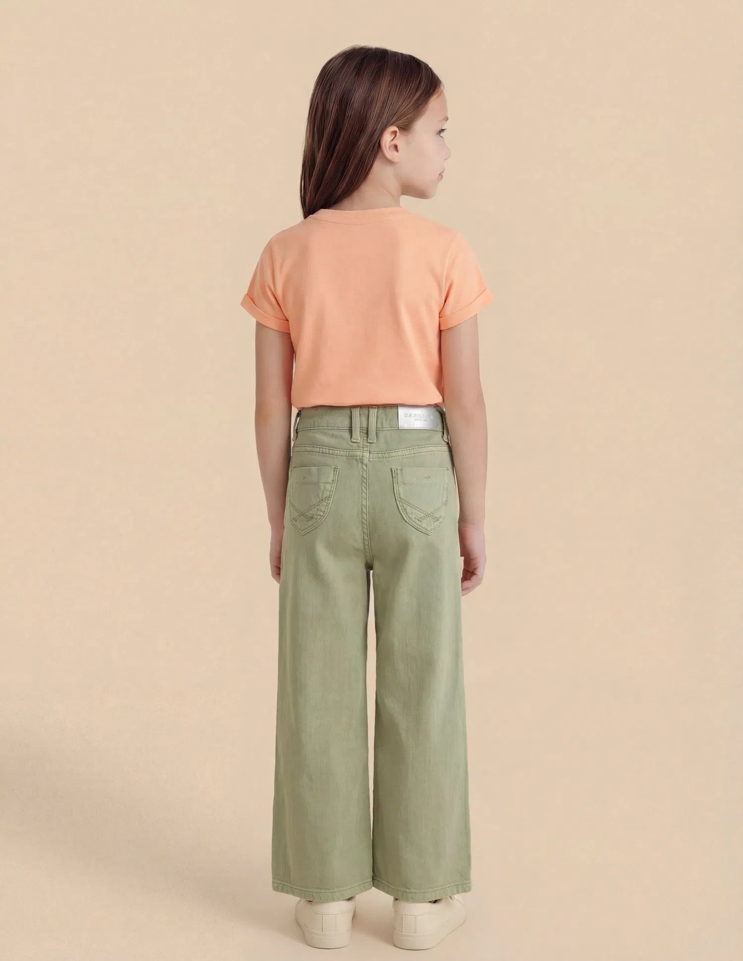 Girls Green Cotton Mid Rise Wide Leg Jeans