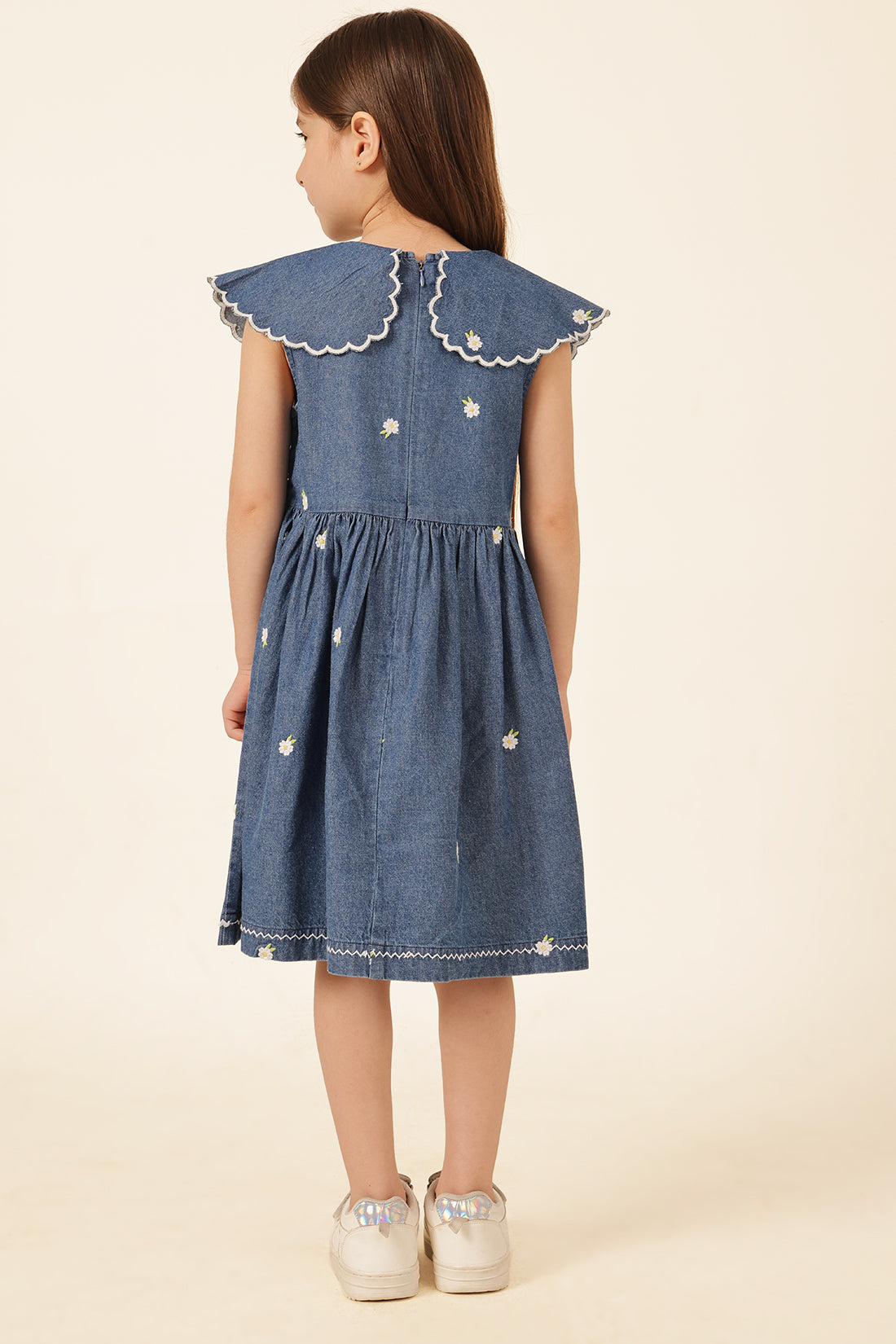 Girls Blue Square Neck Cotton Denim Dress