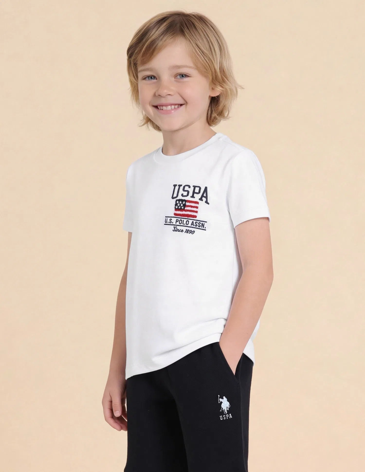 Boys White Cotton Brand Logo Regular Fit T-Shirt