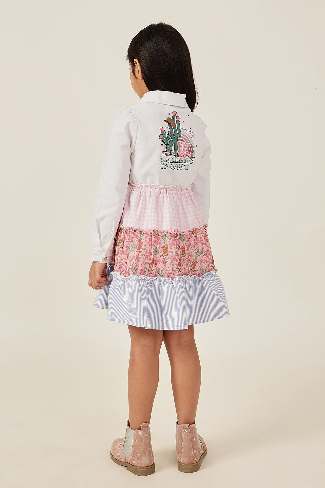 Girls Multi Color Printed Drill Cotton Dress