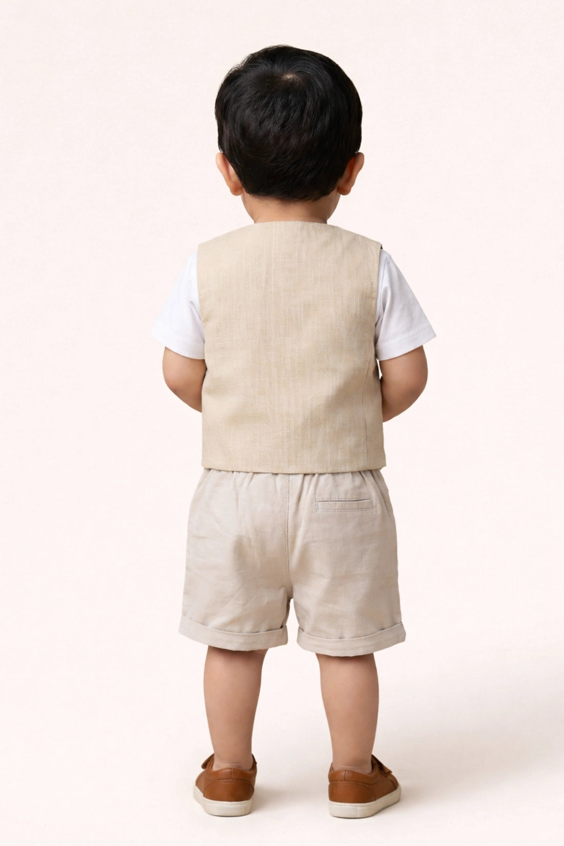 Baby Boys Beige Round Neck Cotton Clothing Set