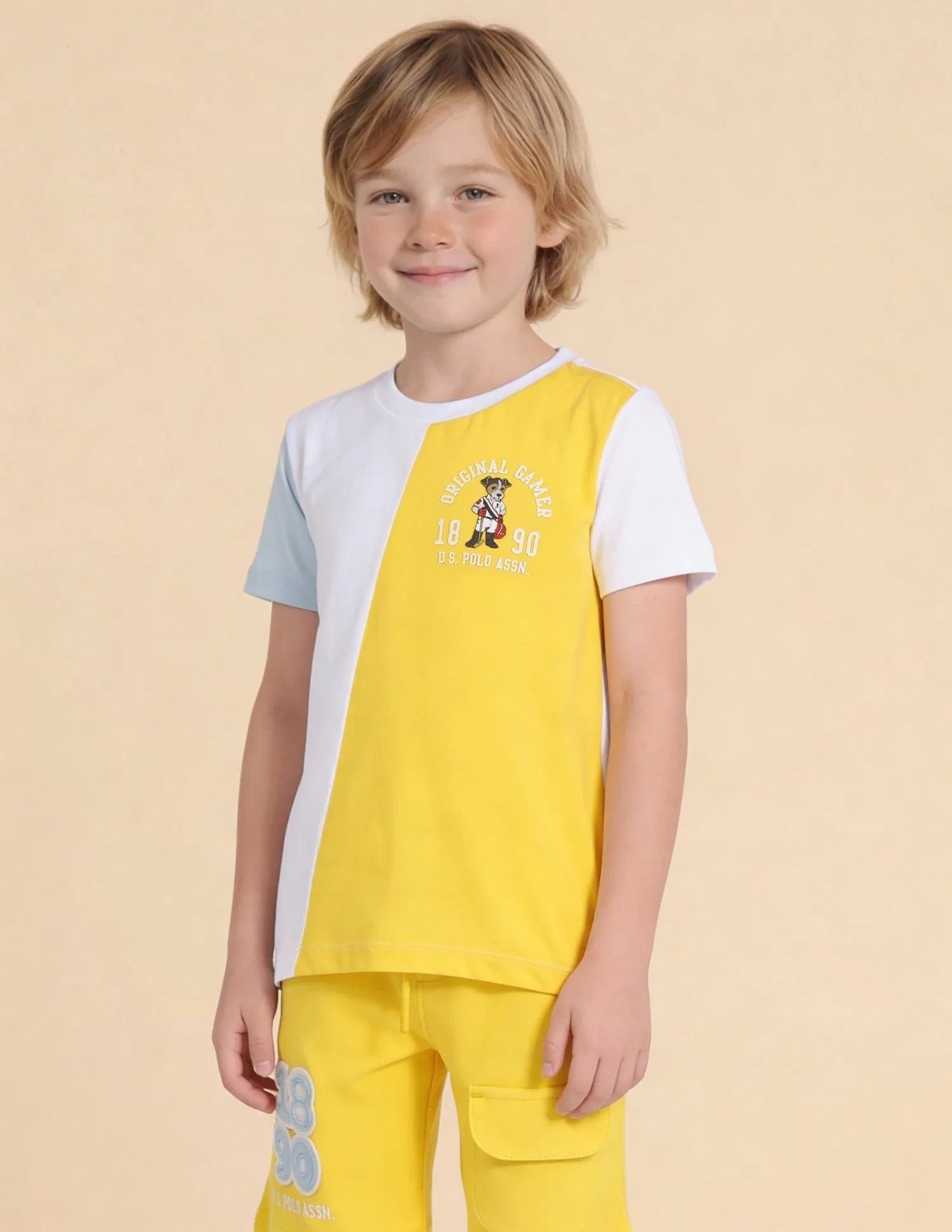 Boys Yellow Cotton Colour Block Regular Fit T-Shirt