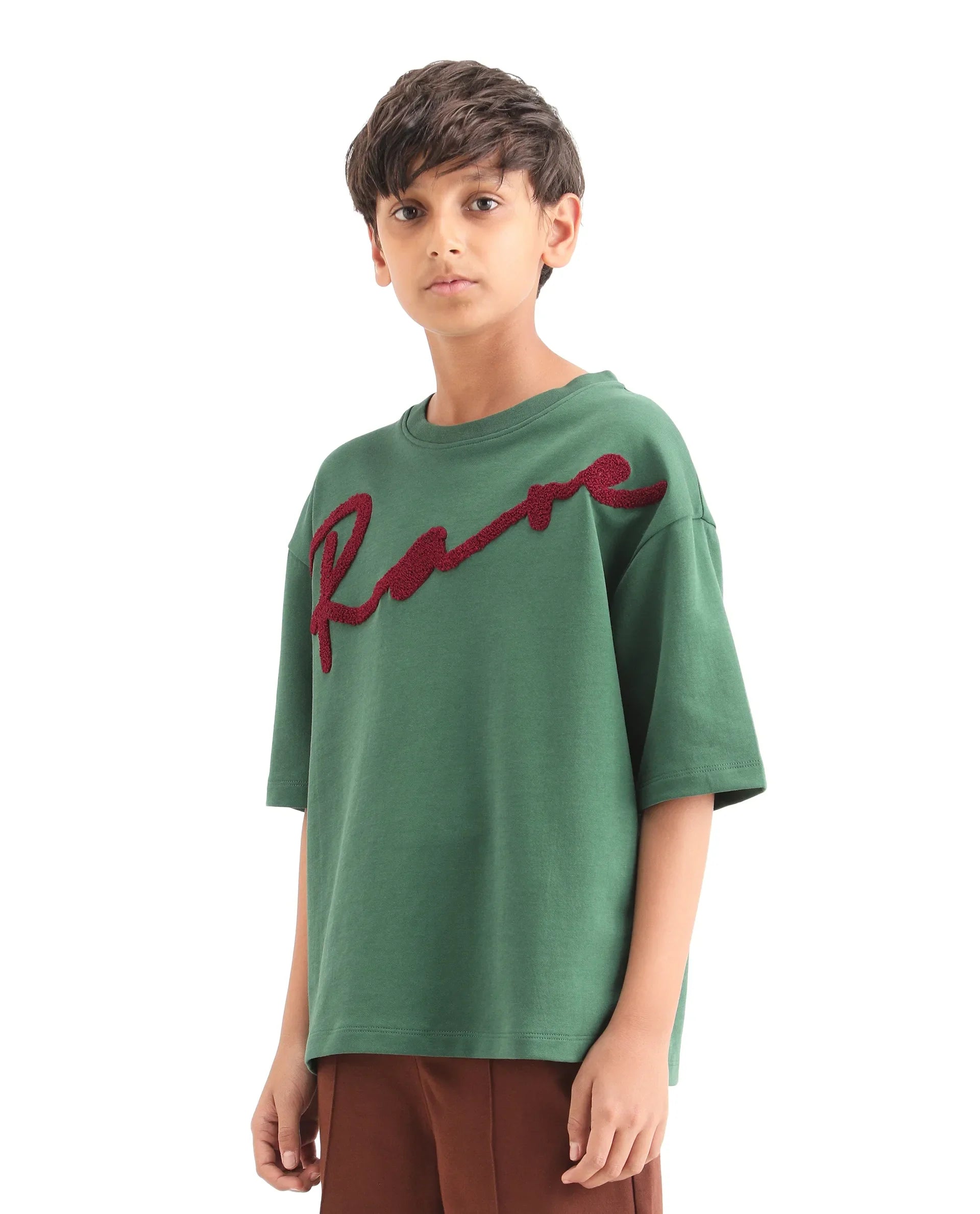 Rare Ones Boys Green Oversized Terry Embroidery T-Shirt