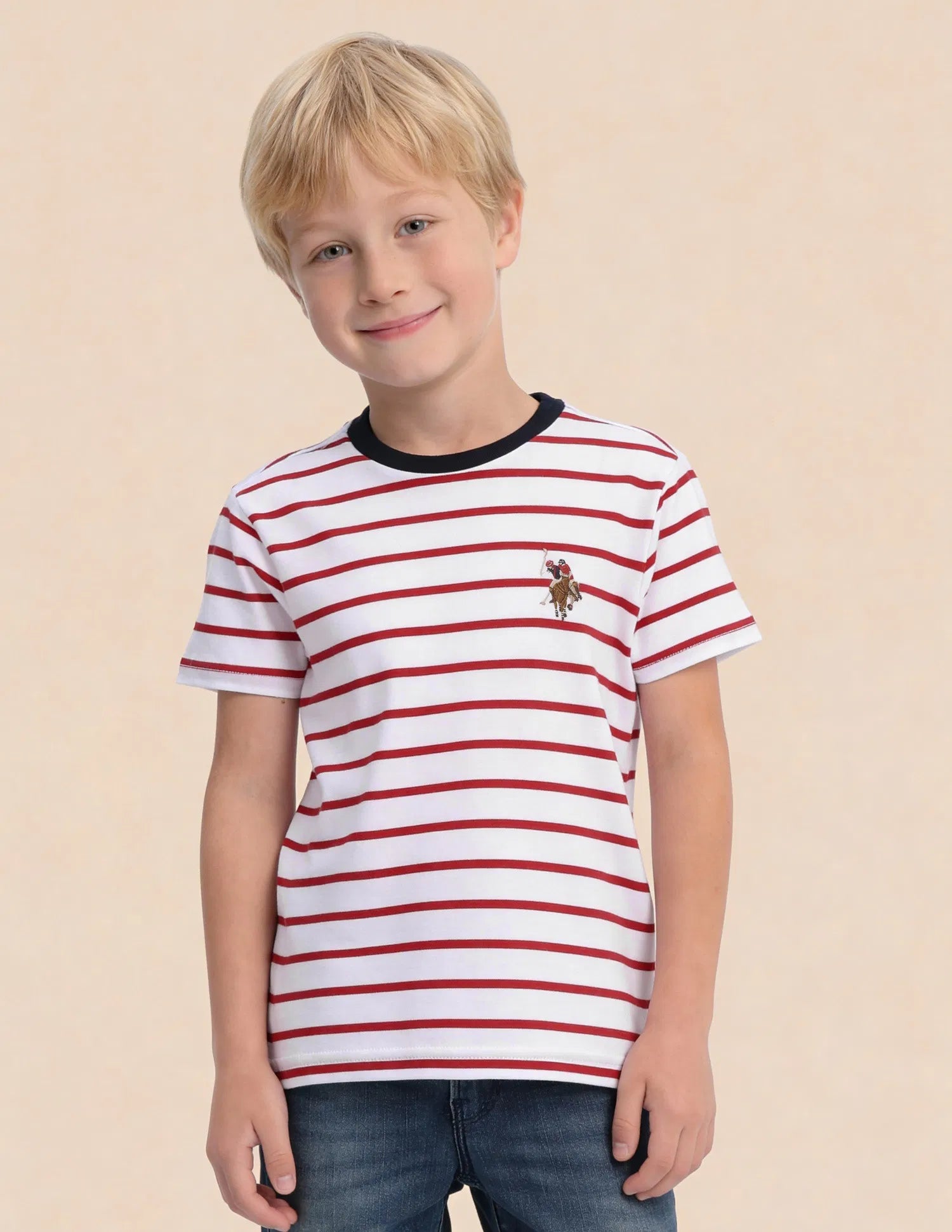 Boys Red Cotton Horizontal Striped Regular Fit T-Shirt