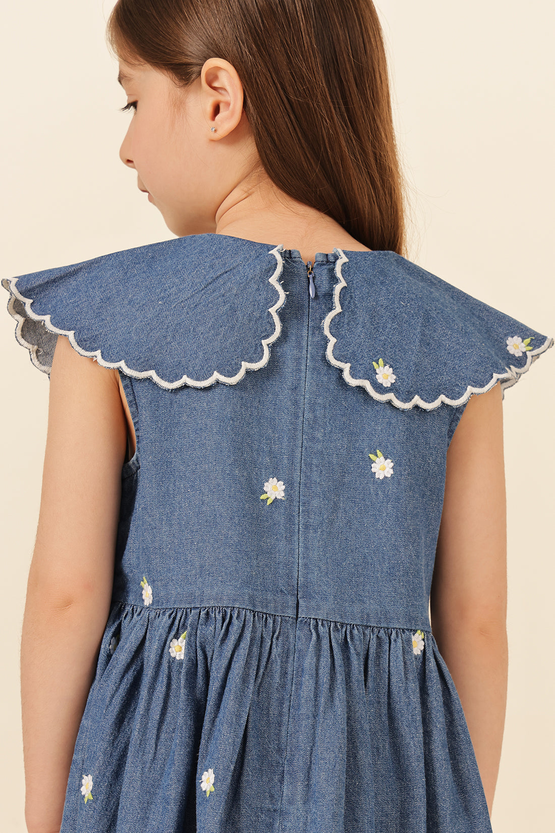 Girls Blue Square Neck Cotton Denim Dress
