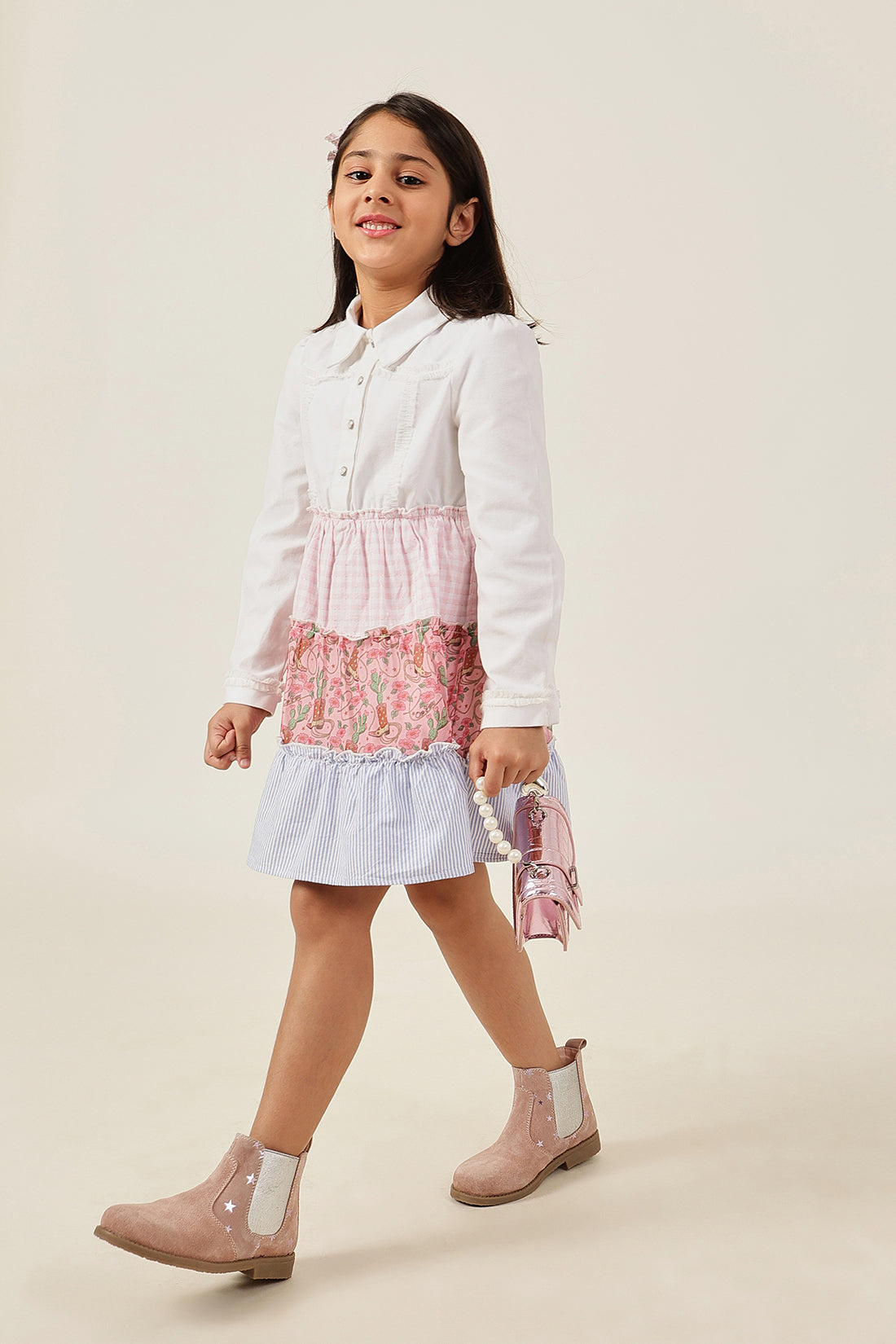 Girls Multi Color Printed Drill Cotton Dress