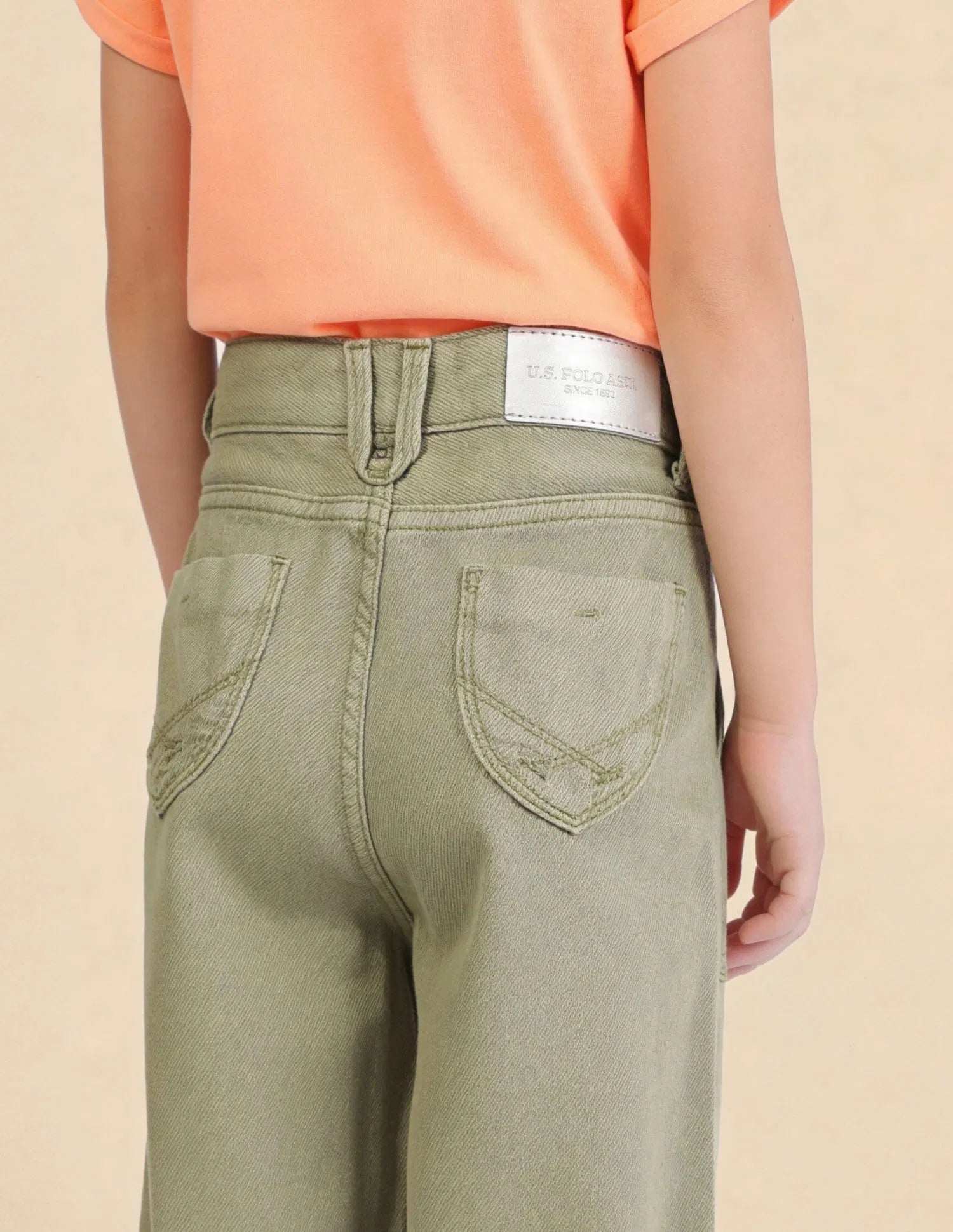 Girls Green Cotton Mid Rise Wide Leg Jeans