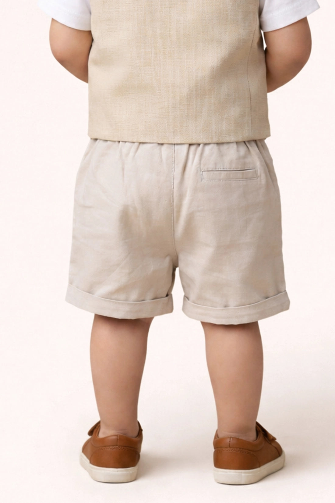 Baby Boys Beige Round Neck Cotton Clothing Set