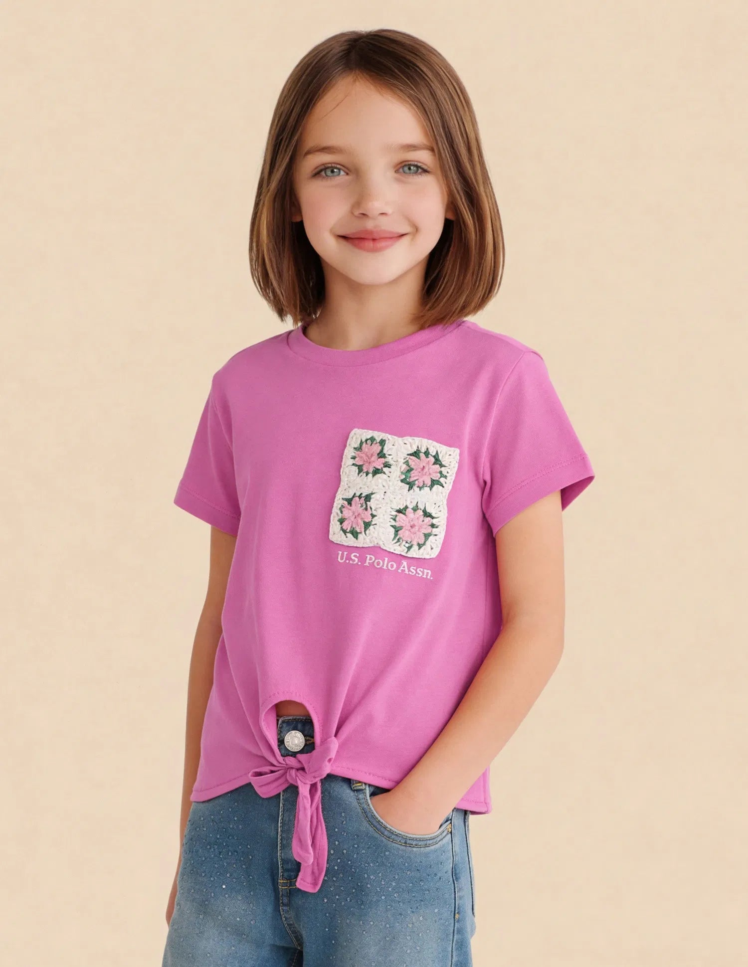 Girls Pink Cotton Floral Crochet Knotted Top