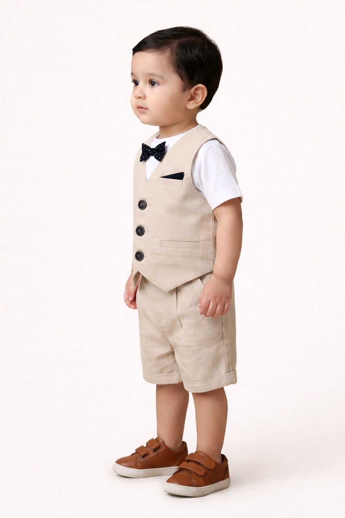 Baby Boys Beige Round Neck Cotton Clothing Set