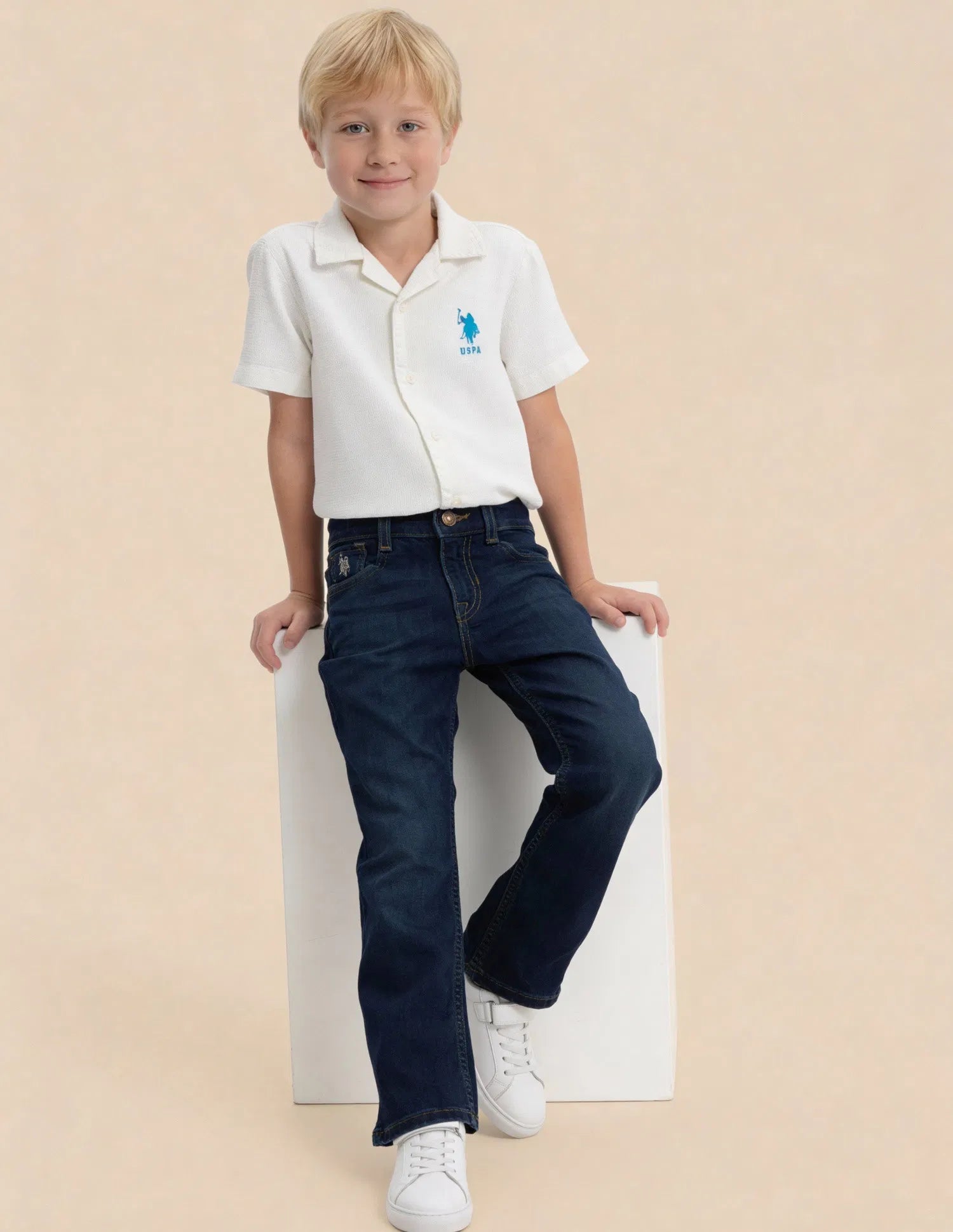 Boys Dark Blue Cotton Whiskered Bootcut Jeans
