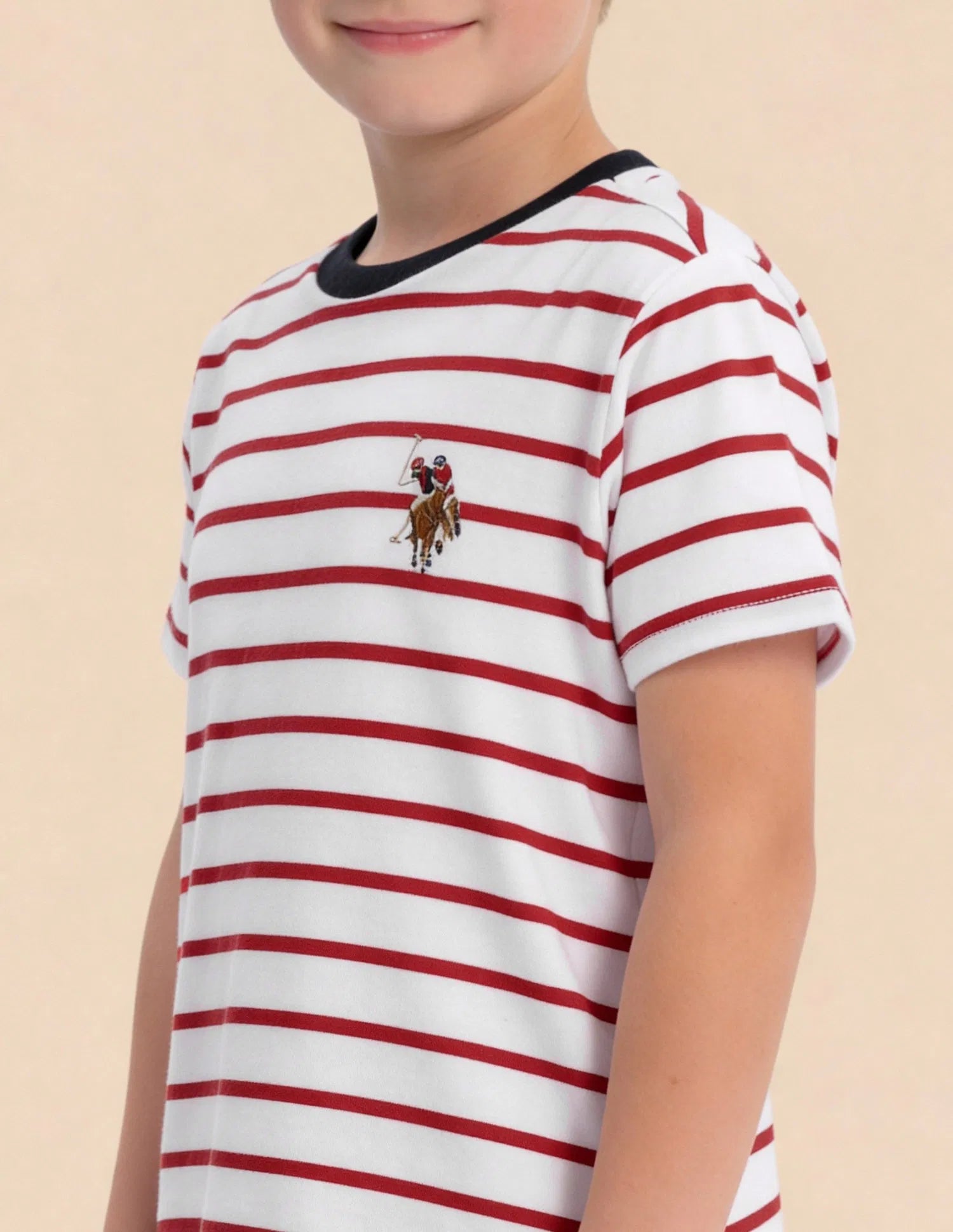 Boys Red Cotton Horizontal Striped Regular Fit T-Shirt