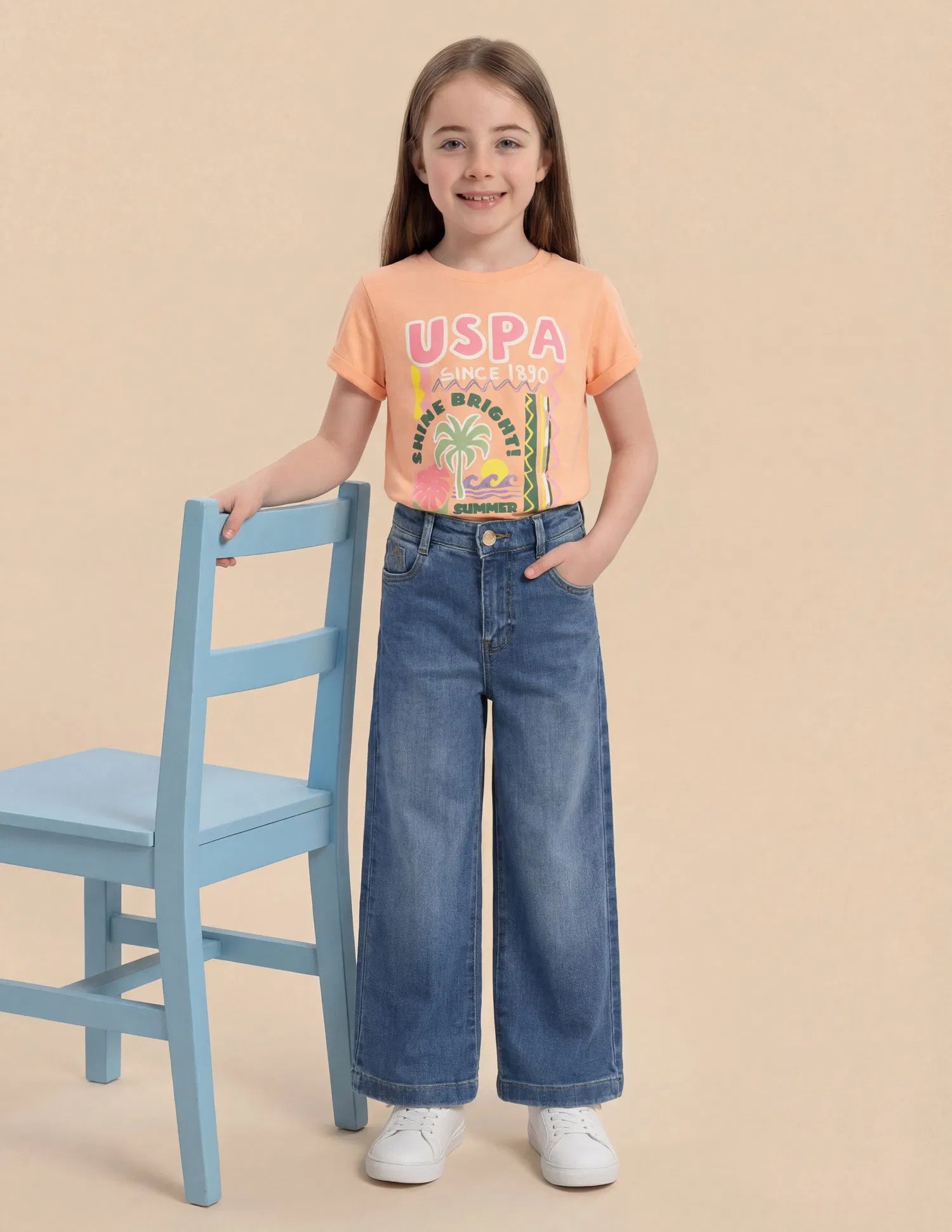Girls Mid Blue Cotton Stone Washed Wide Leg Jeans