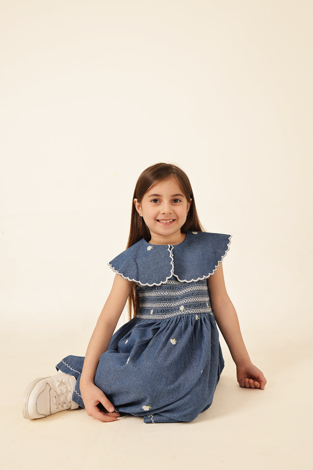 Girls Blue Square Neck Cotton Denim Dress