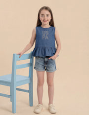 Girls Mid Blue Cotton Mid Rise Whiskered Denim Shorts