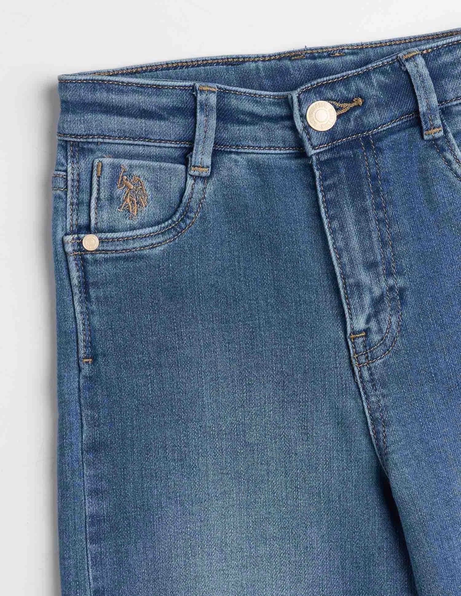 Girls Mid Blue Cotton Stone Washed Wide Leg Jeans