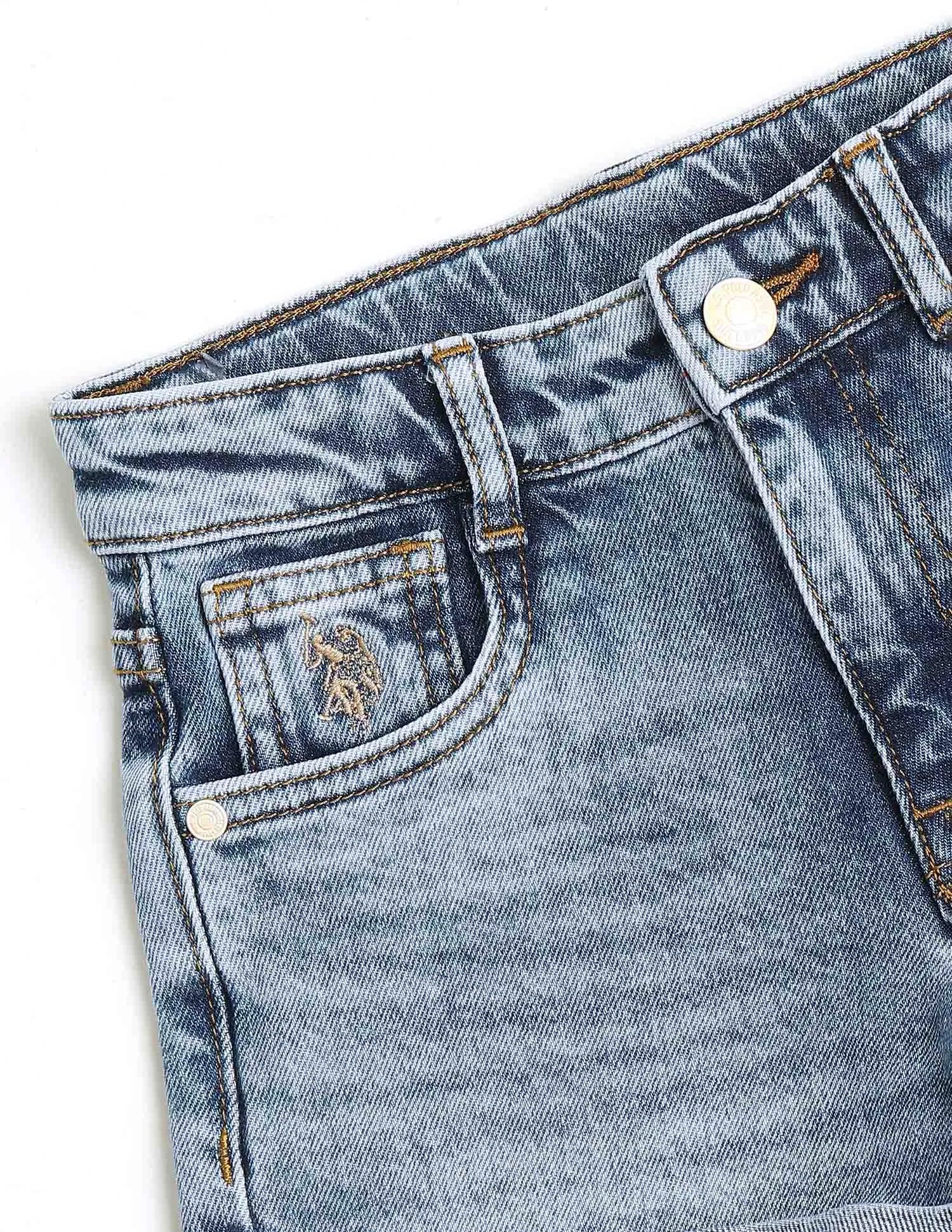 Girls Mid Blue Cotton Mid Rise Whiskered Denim Shorts