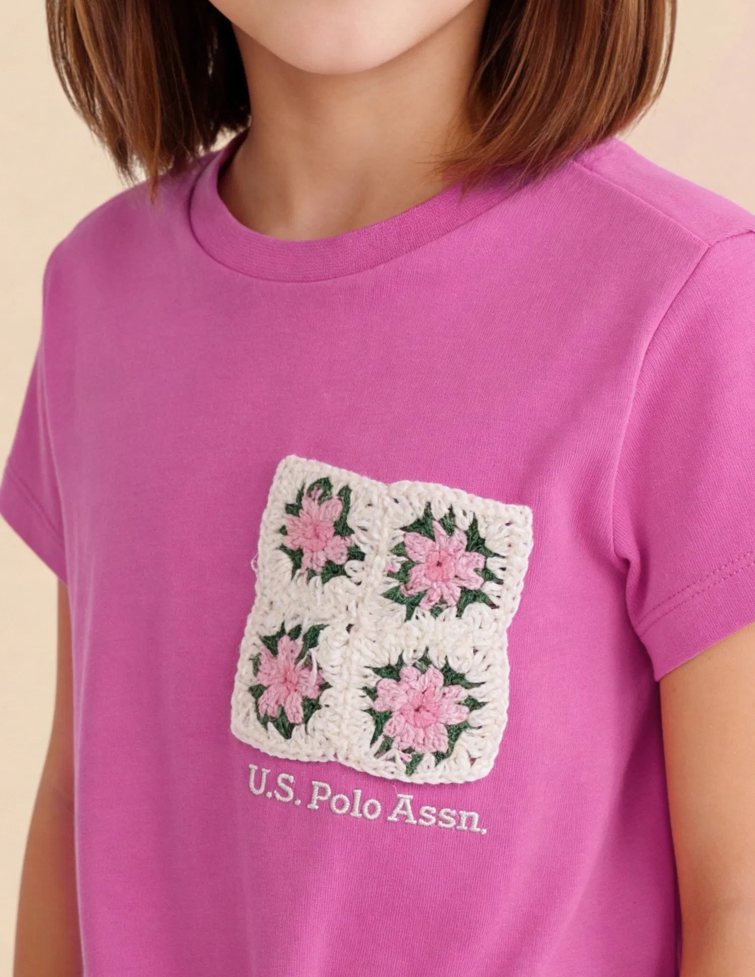 Girls Pink Cotton Floral Crochet Knotted Top
