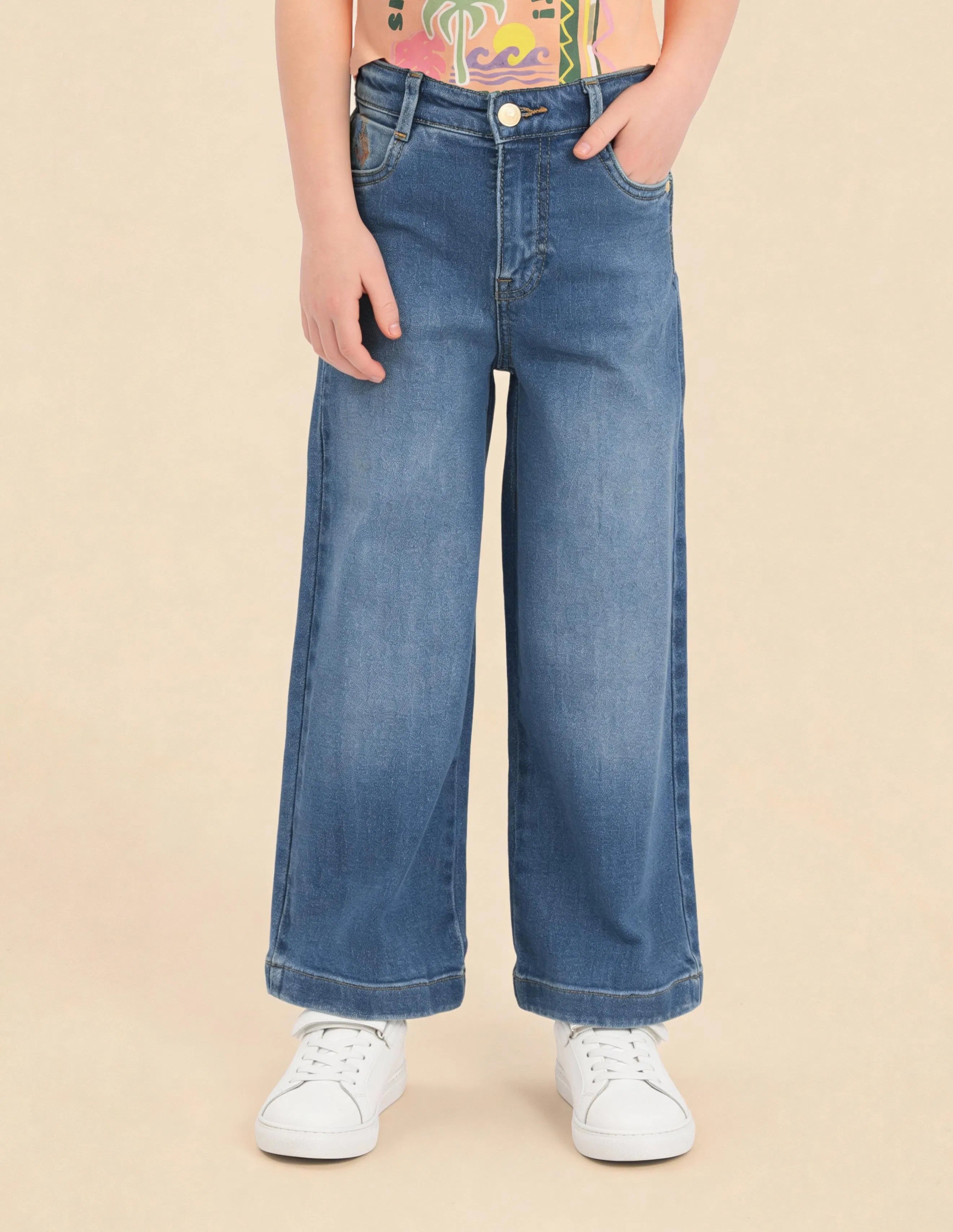 Girls Mid Blue Cotton Stone Washed Wide Leg Jeans