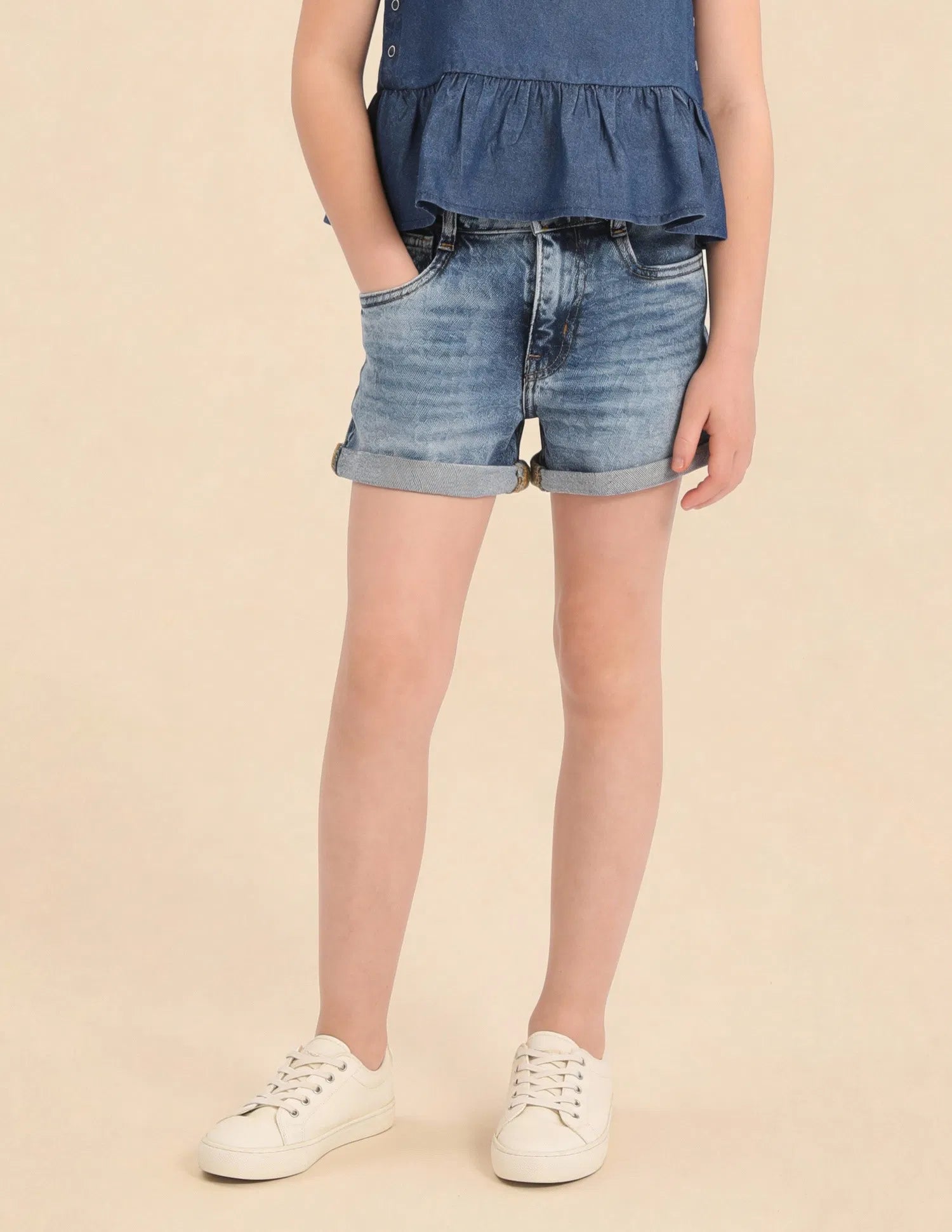 Girls Mid Blue Cotton Mid Rise Whiskered Denim Shorts