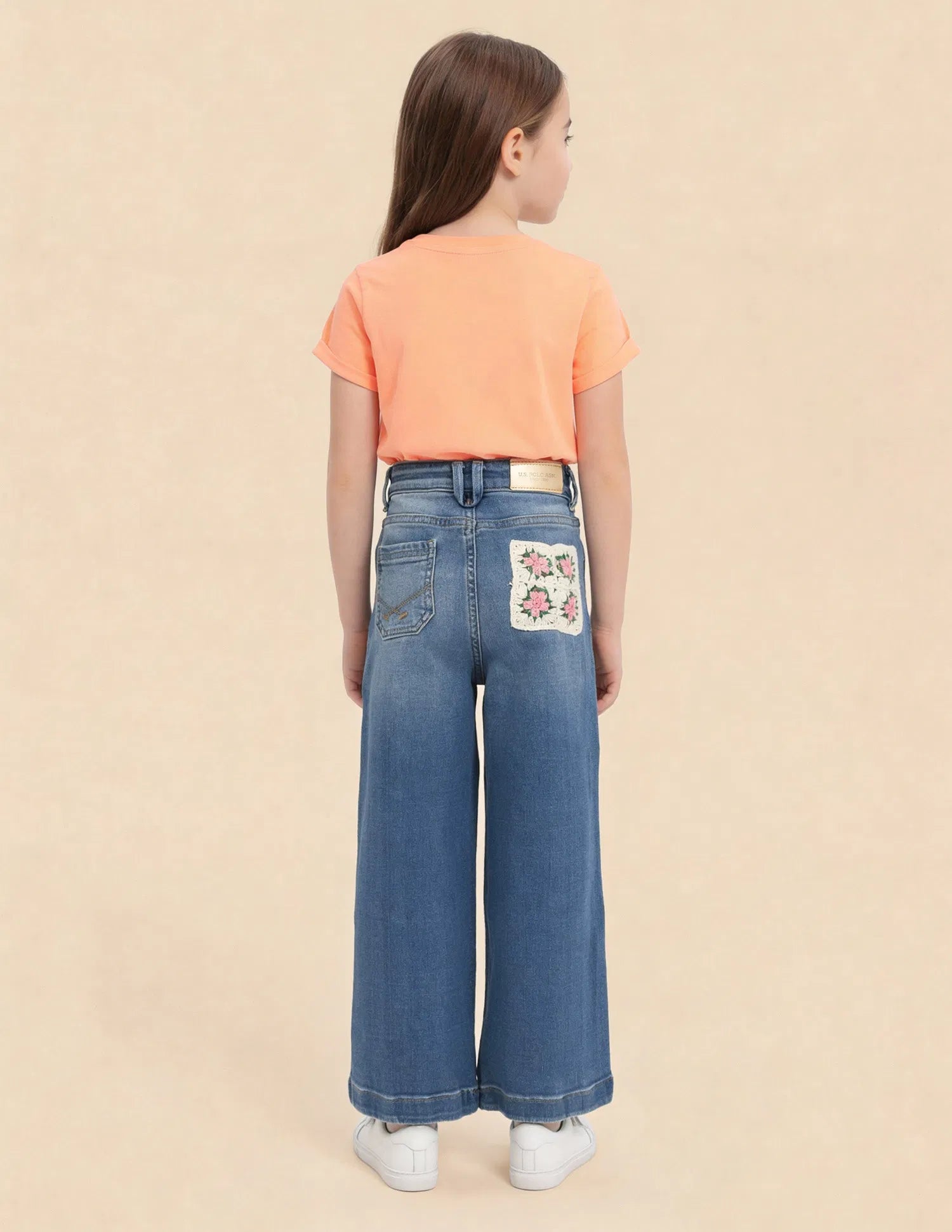 Girls Mid Blue Cotton Stone Washed Wide Leg Jeans