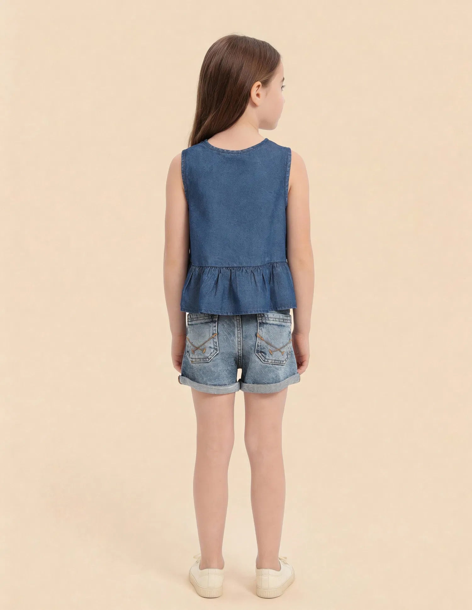 Girls Mid Blue Cotton Mid Rise Whiskered Denim Shorts