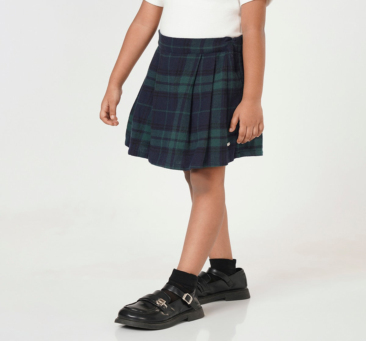Girls Green Tartan Check Pleated Skort