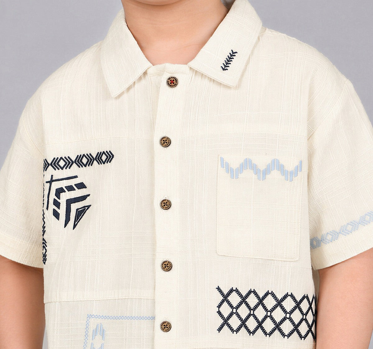 Half Sleeves Placement Embroidery Shirt Beige