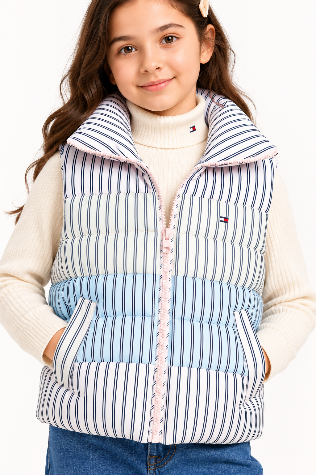 Girls High-Neck Puffer Jacket Light Pink Multistripes
