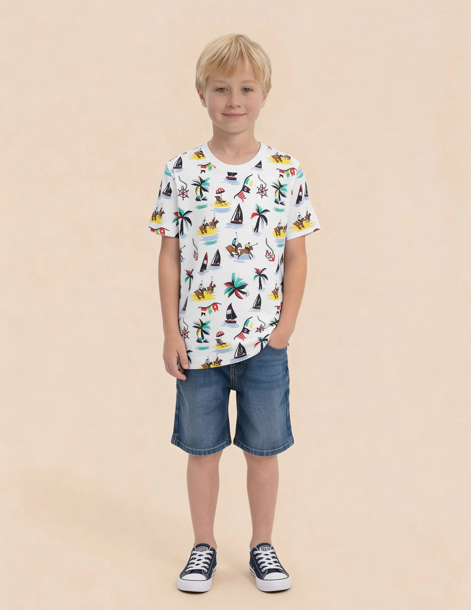 Boys White Cotton All Over Graphic Regular Fit T-Shirt