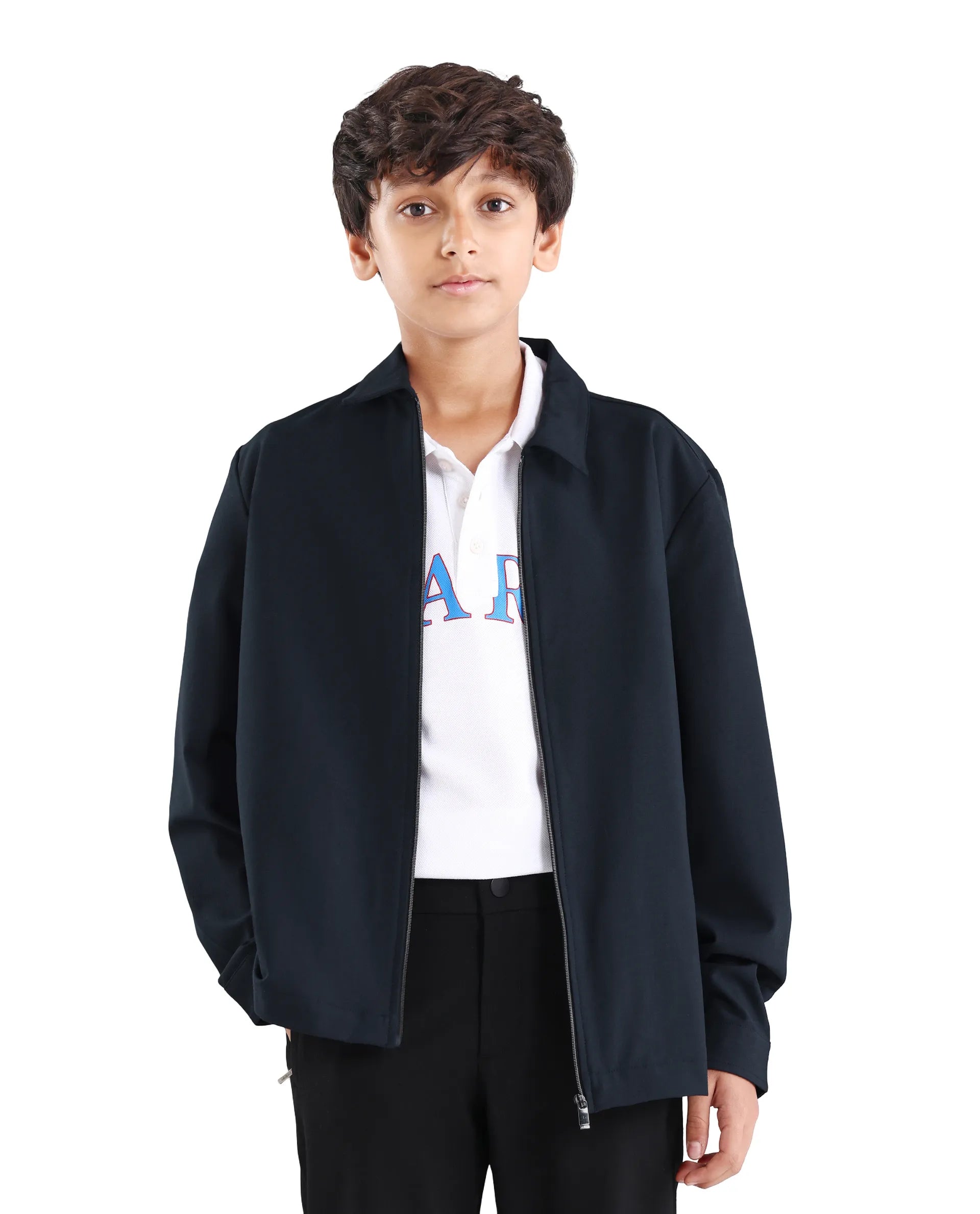 Boys Navy Viscose Blend Zipper Shacket