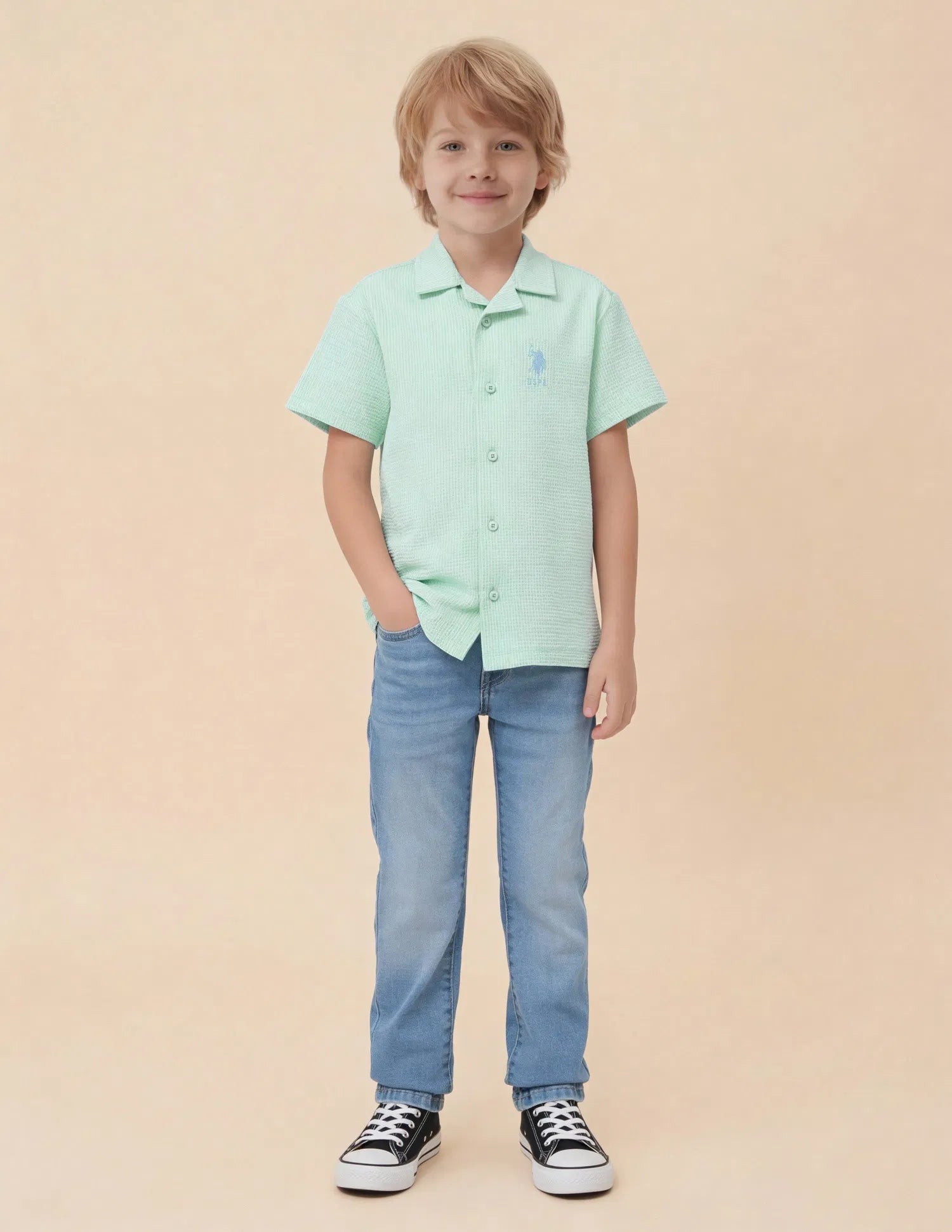 Boys Light Green Vertical Striped Seersucker Shirt – Regular Fit