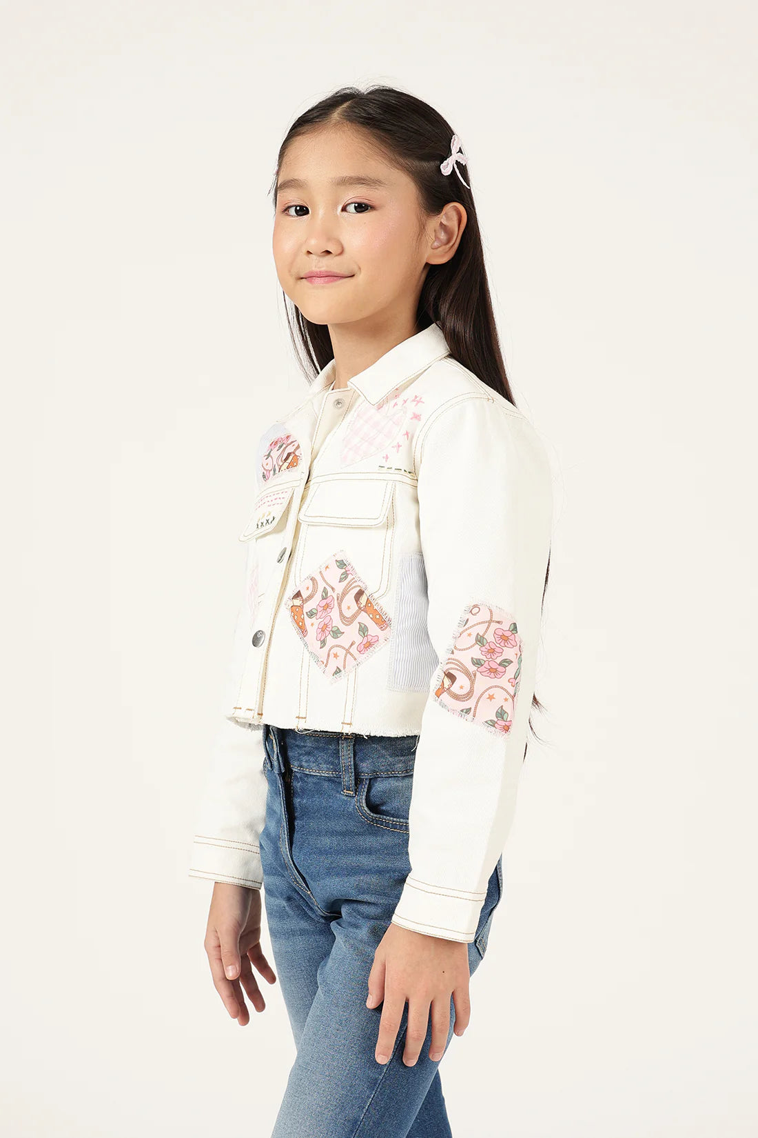 Girls Off White Abstract Cotton Drill Jacket