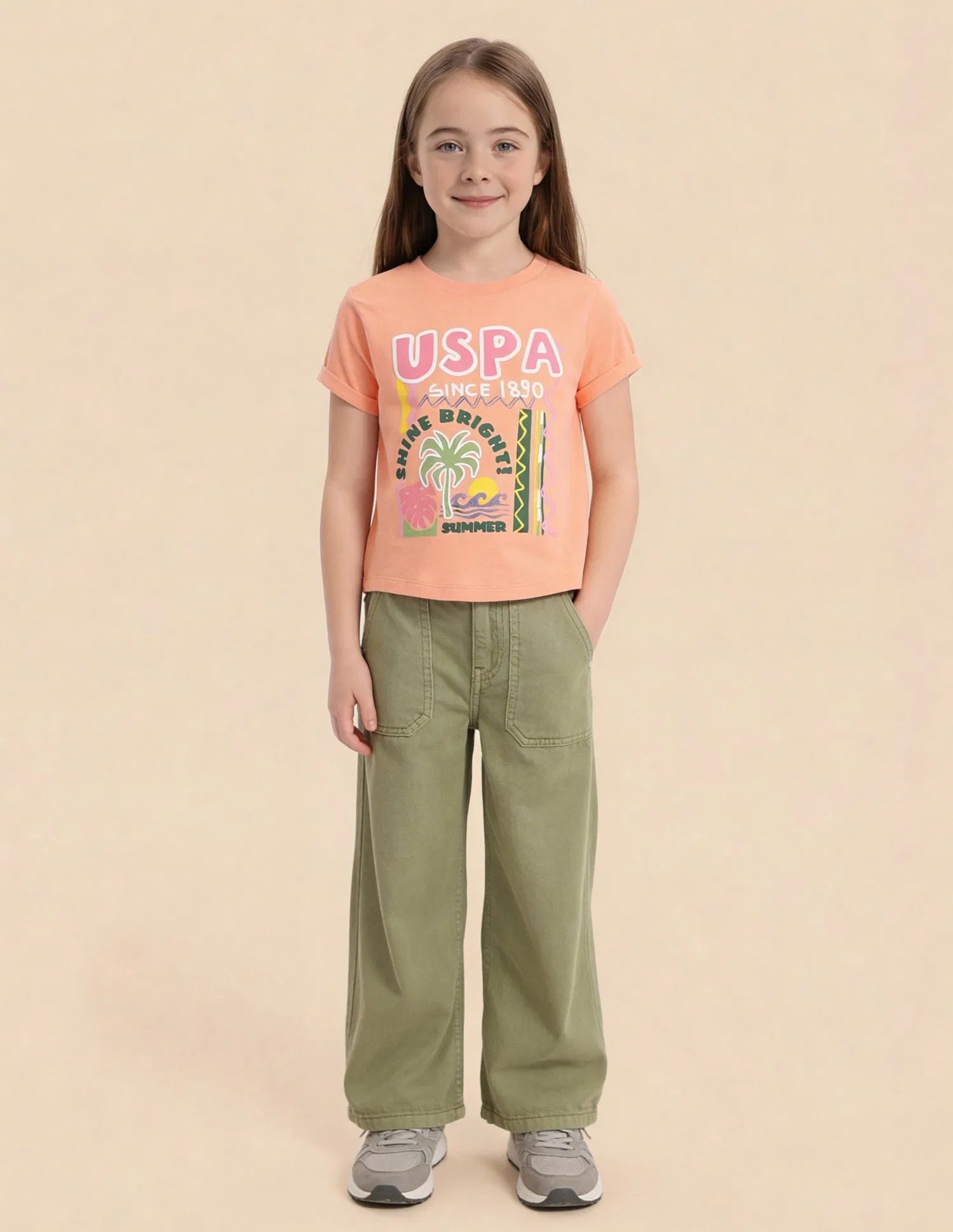 Girls Orange Cotton Graphic Brand Printed Top
