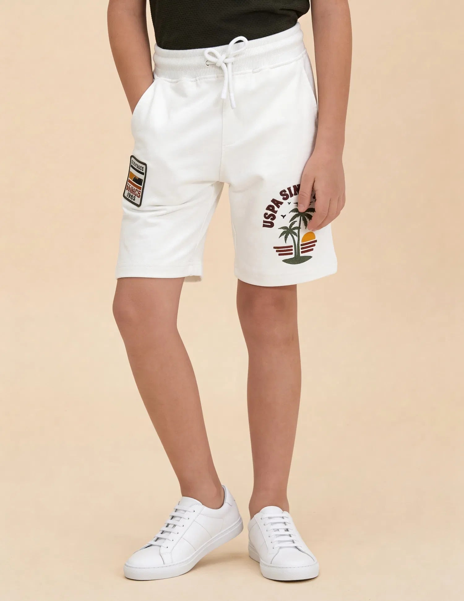 Boys Off White Cotton Logo Printed Shorts Regular Fit