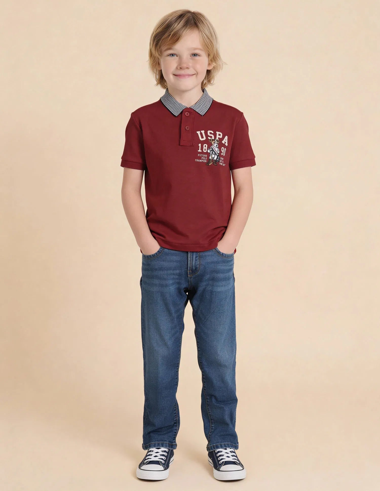 Boys Red Cotton Graphic Print Regular Fit Polo Shirt