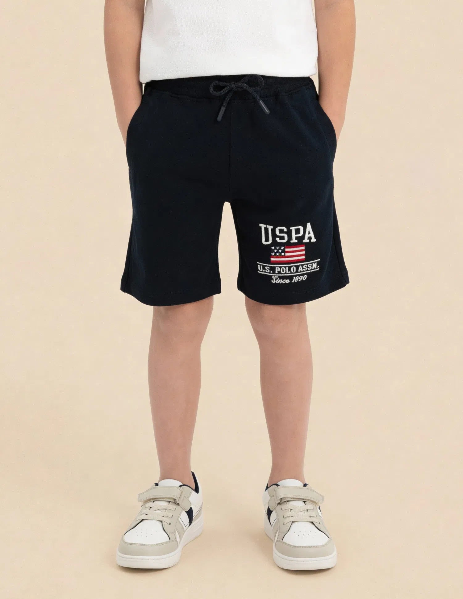 Boys Navy Cotton Logo Printed Shorts Regular Fit