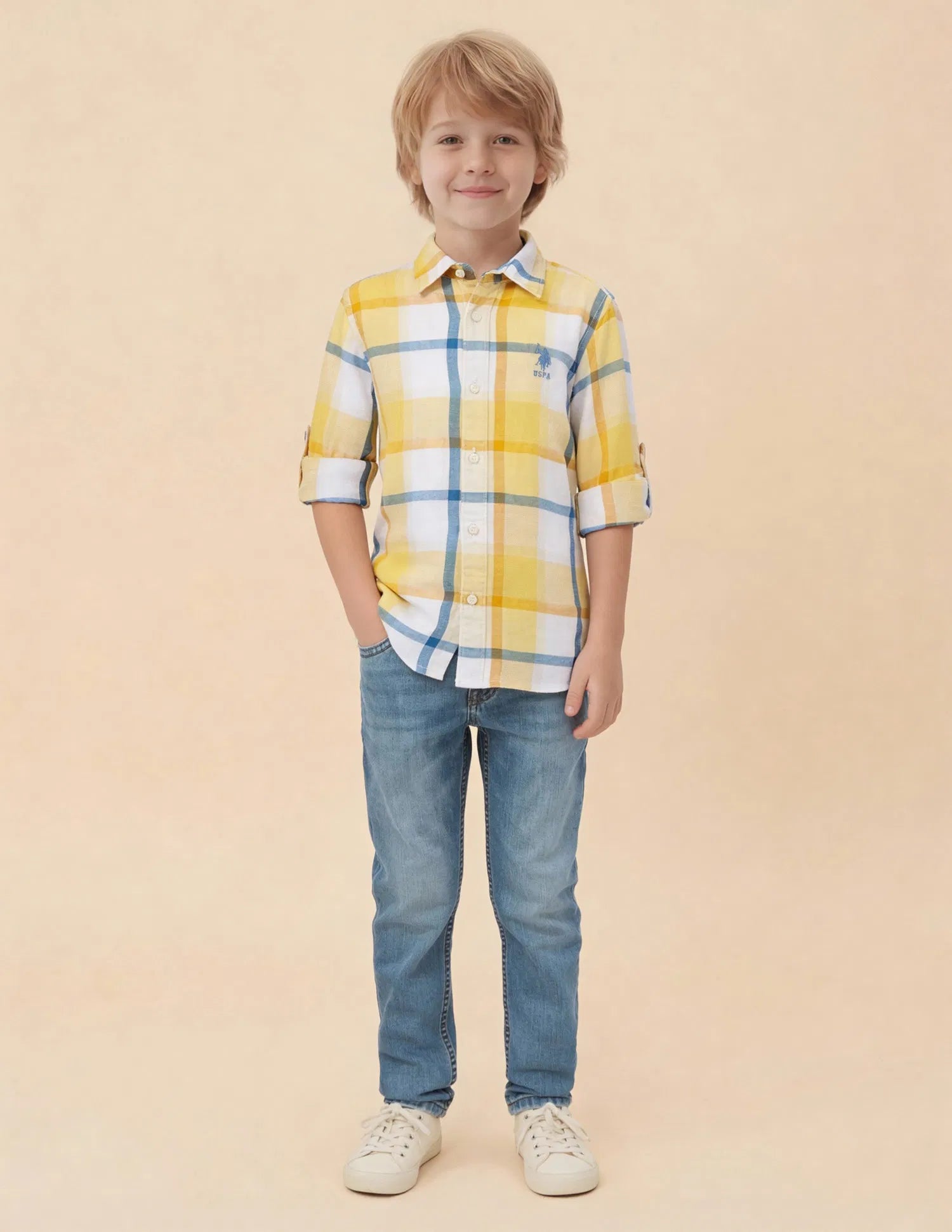 Boys Yellow Plaid Checked Tencel Cotton Shirt – Regular Fit
