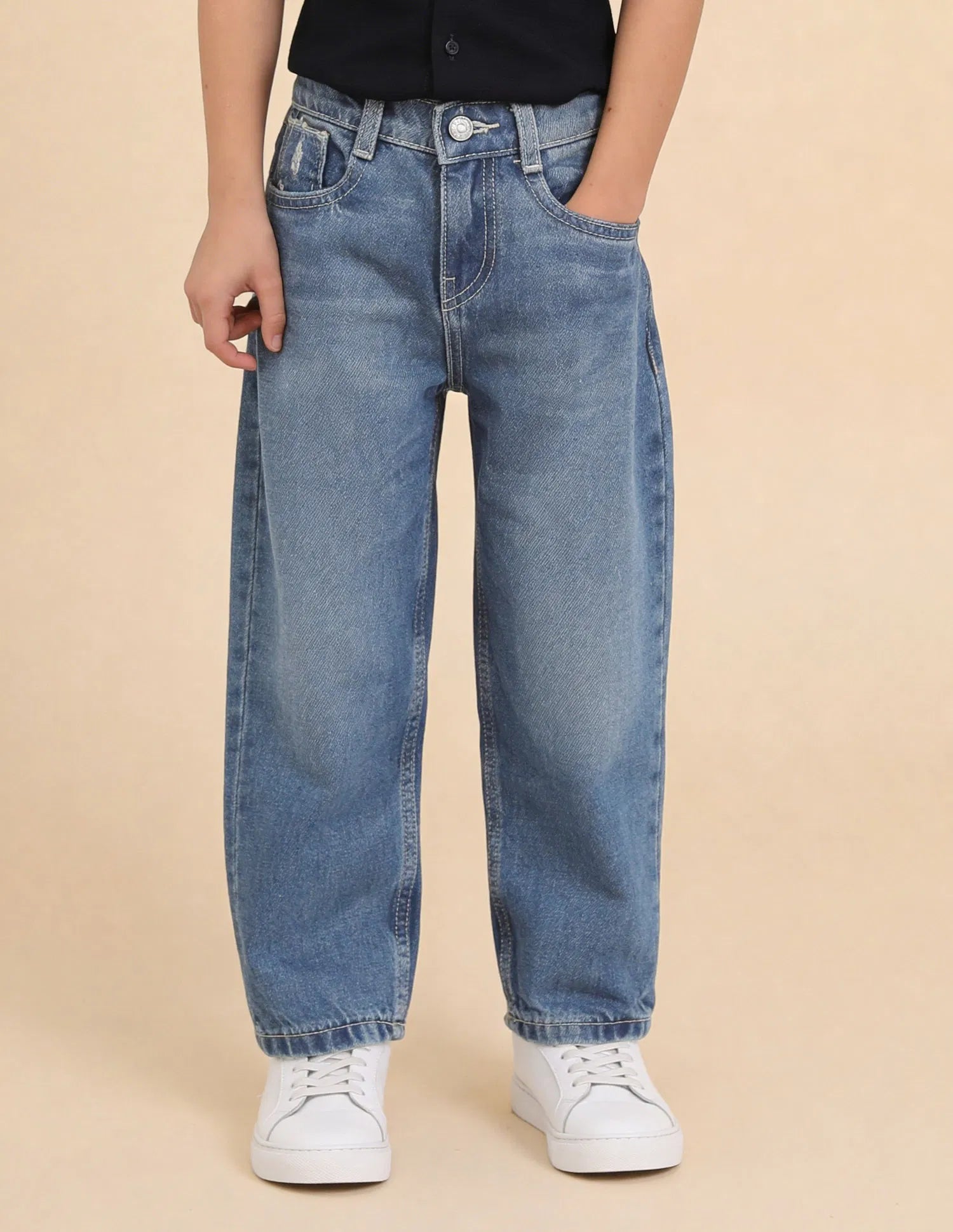 Boys Dark Blue Cotton Whiskered Baggy Fit Jeans