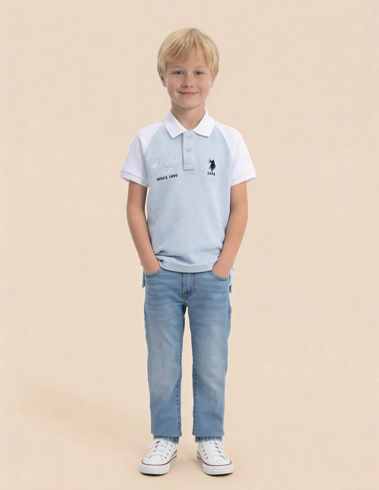 Boys Light Blue Cotton Colour Block Regular Fit Polo Shirt