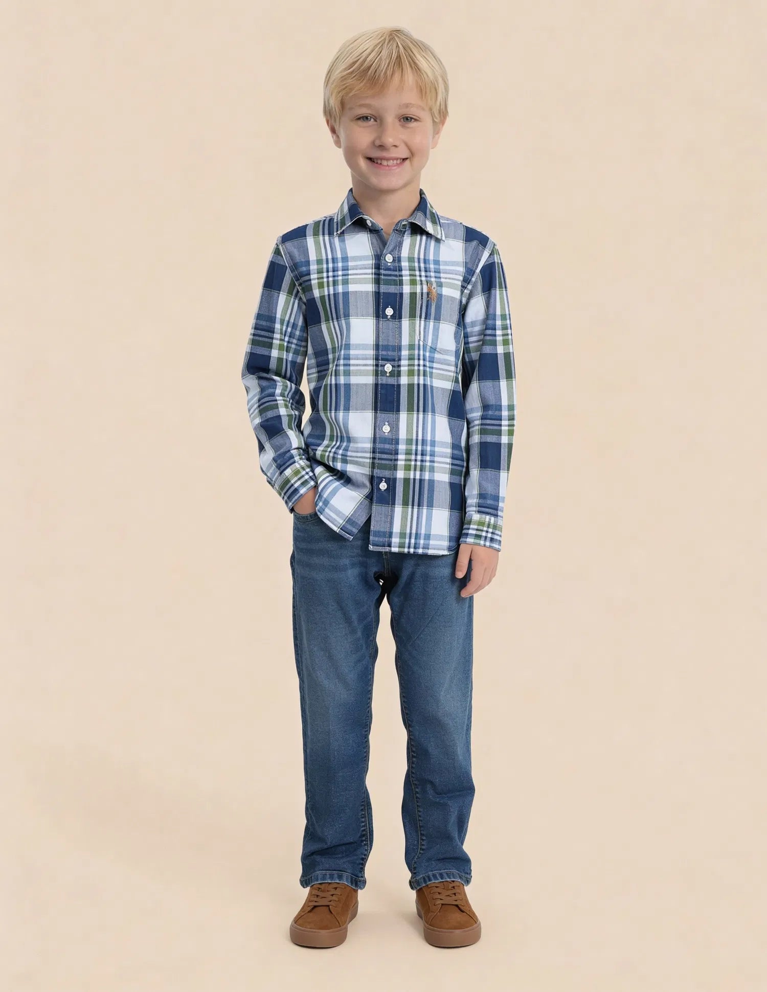 Boys Indigo Tartan Checked Cotton Twill Shirt – Regular Fit