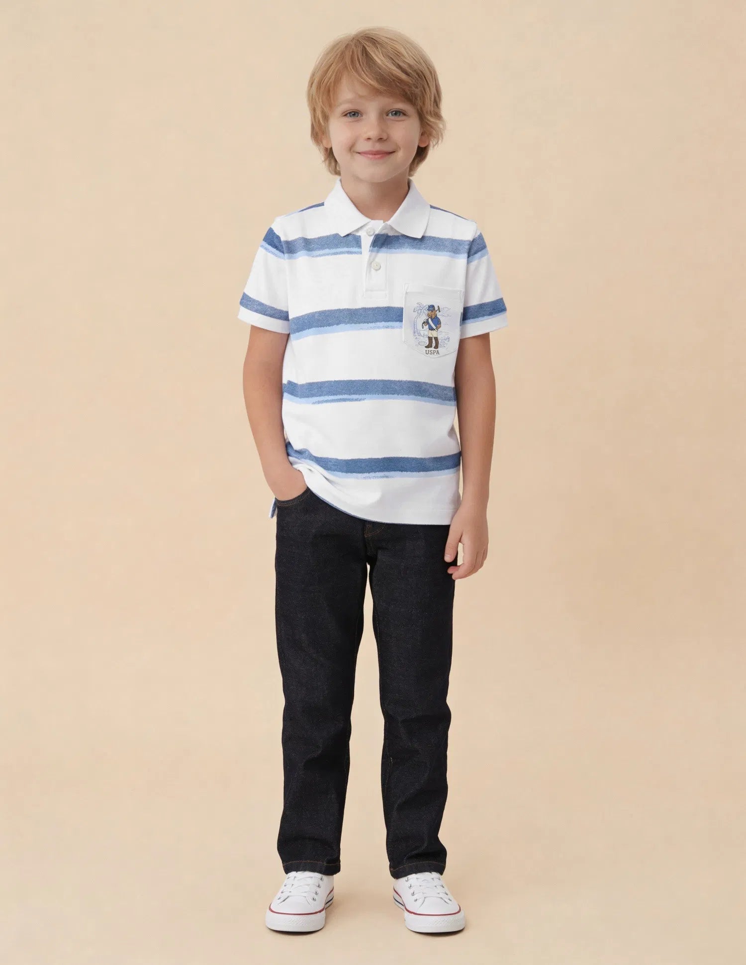 Boys White Cotton Horizontal Striped Regular Fit Polo Shirt