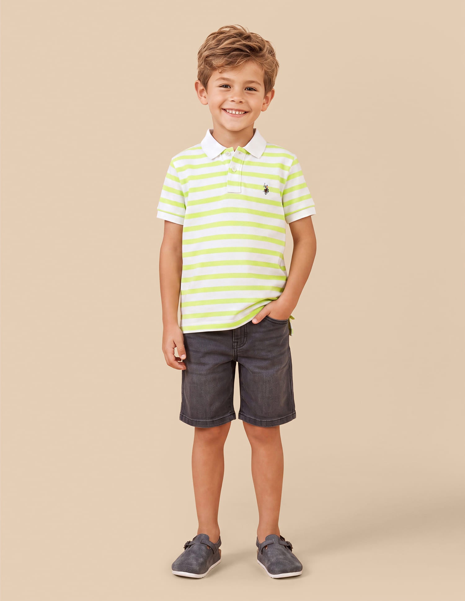 Boys Light Yellow Horizontal Striped Regular-Fit Cotton Elastane Polo Shirt
