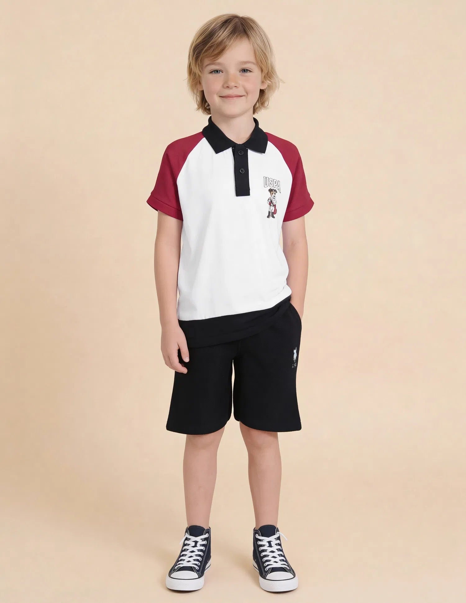Boys White Colour Block Polo Shirt