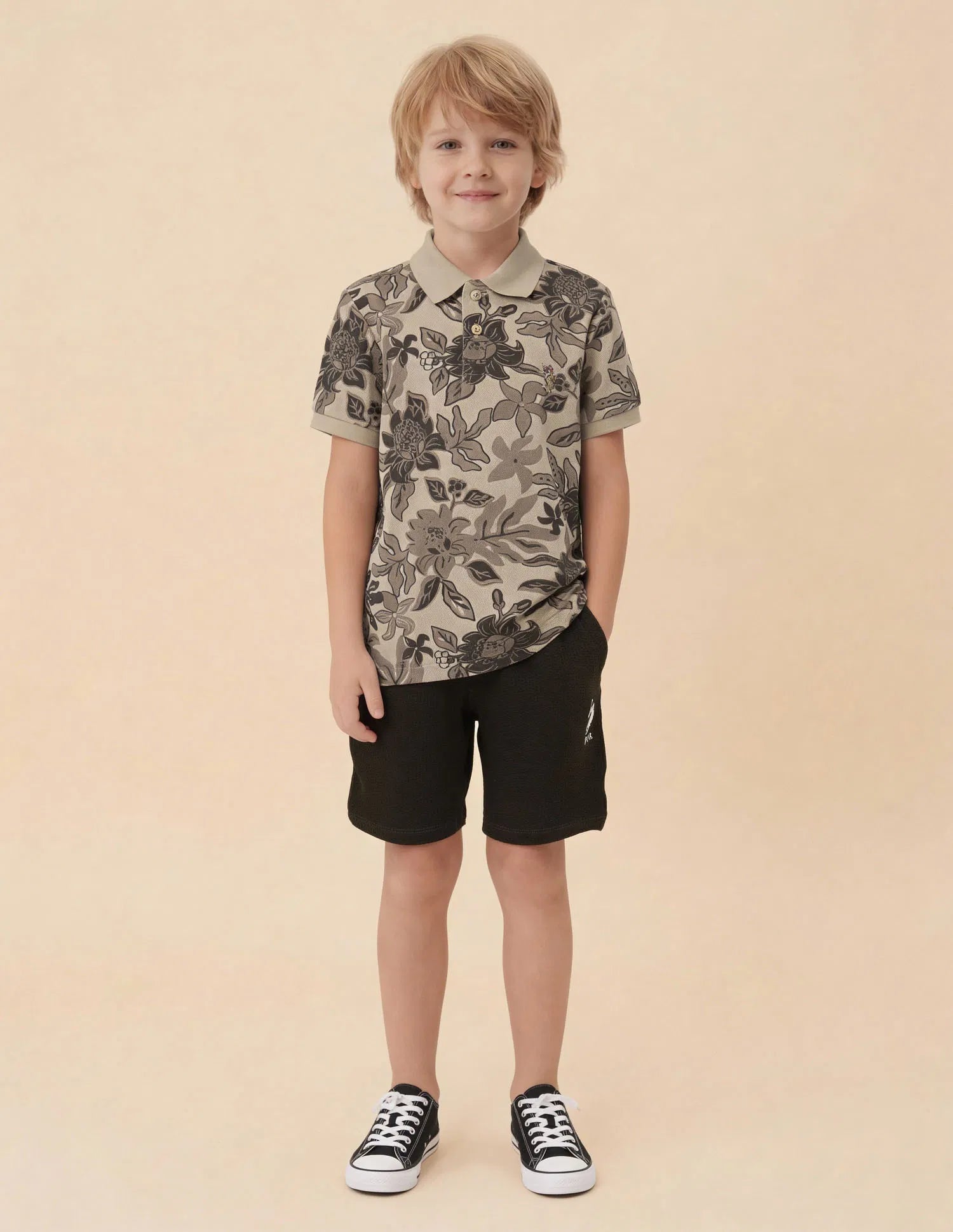 Boys Light Brown Cotton Floral Print Regular Fit Polo Shirt