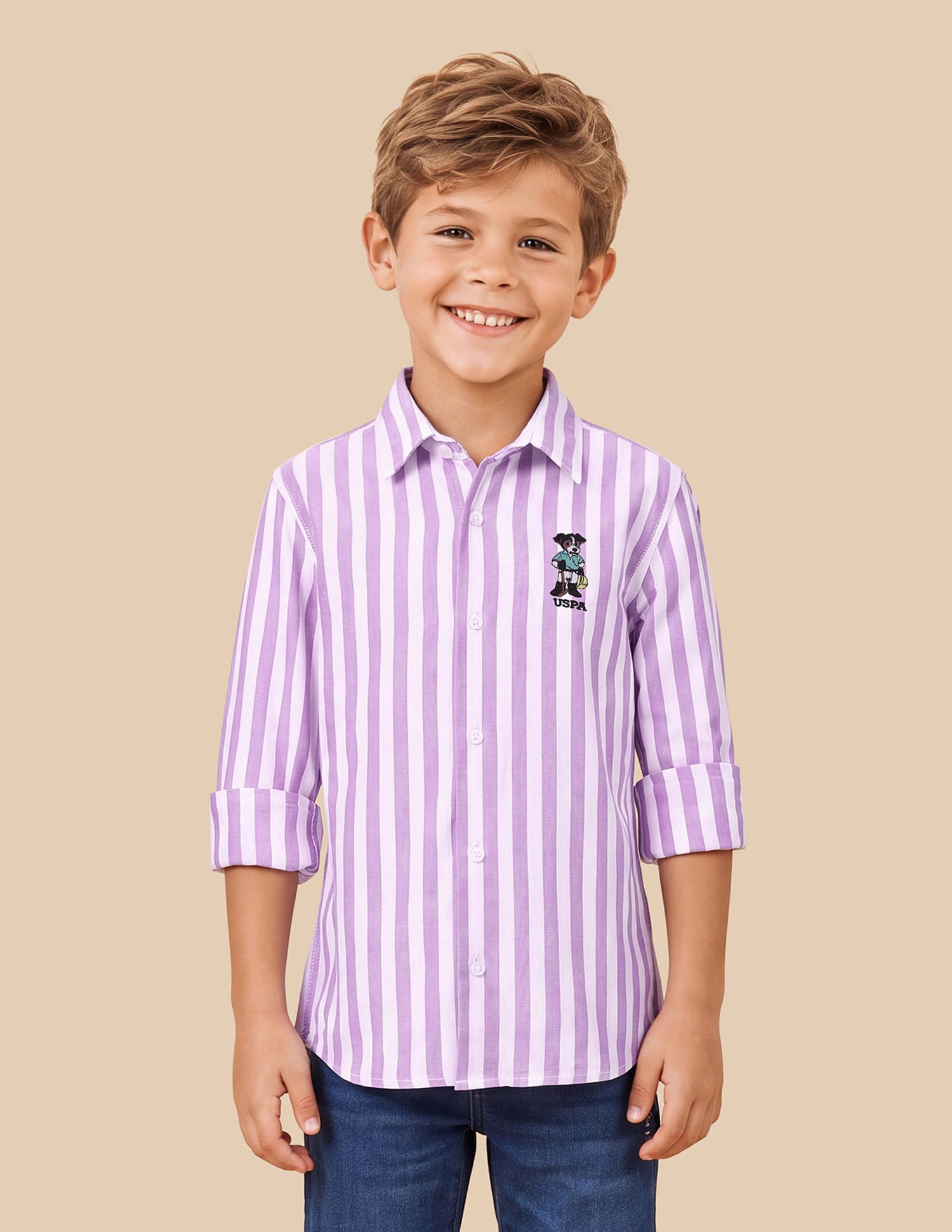 Boys Purple Cotton Vertical Striped Oxford Shirt