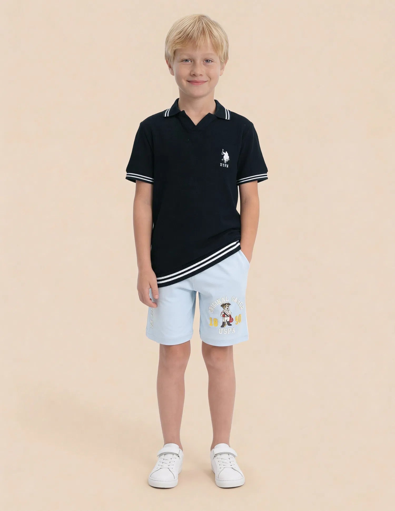 Boys Navy Cotton Typography Print Regular Fit Polo Shirt