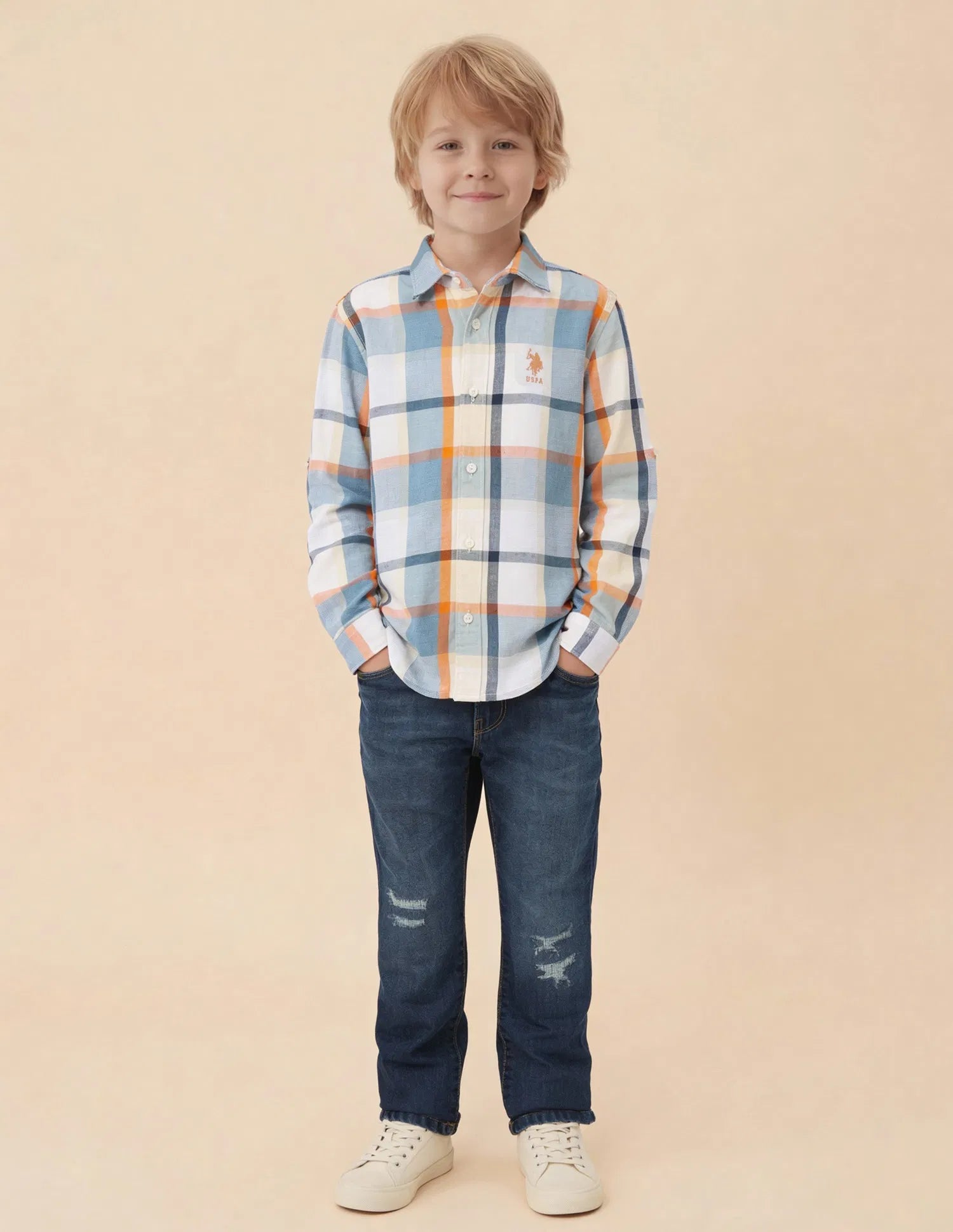 Boys Light Blue Plaid Checked Tencel Cotton Shirt – Regular Fit